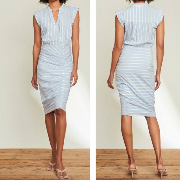 $478 Veroncia Beard Black White Striped Asymmetric Mini Ruched Dress size 00